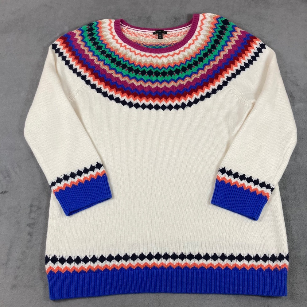Talbots Womens XL Ivory Multi Color Fair Isle Lambswool Blend Crewneck Sweater